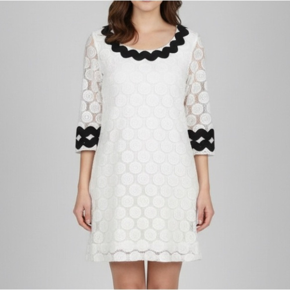 PHOEBE COUTURE White Lined SPIRAL LACE Black Ric-Rac SHIFT A-LINE DRESS Sz 8